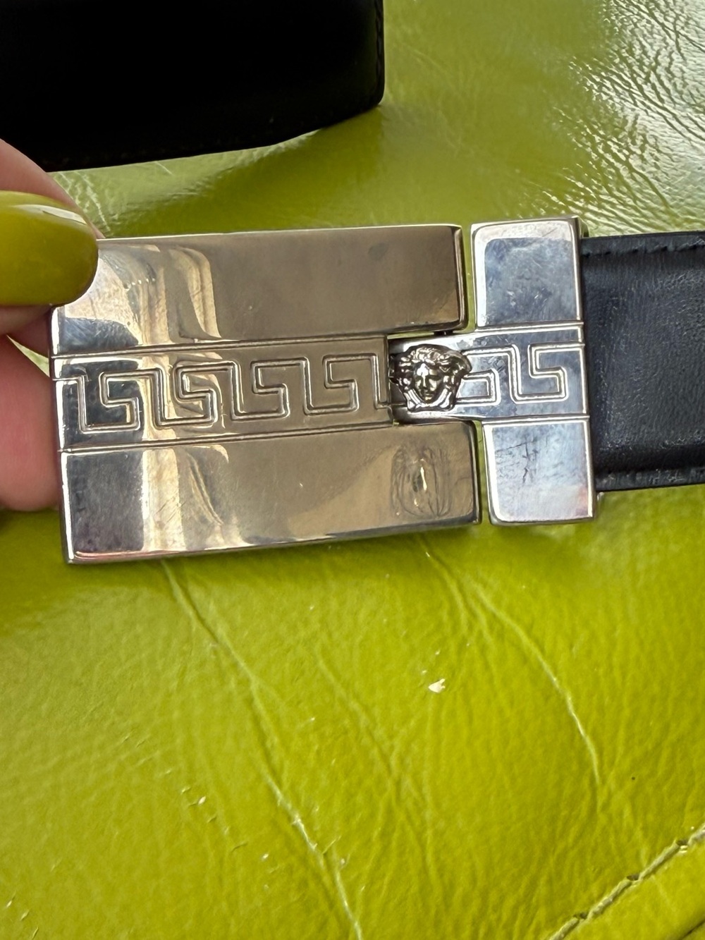 Versace Silver Greek Key Medusa Buckle Black Leather Belt